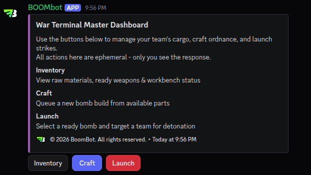 Real screenshot of BoomBot's war terminal dashboard with Inventory, Craft, and Launch buttons